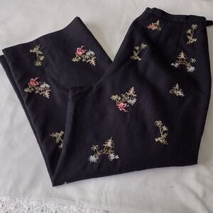 Talbots Black Embroidered Pagoda Palm Tree Print Pants Silk Cotton Blend Size 6